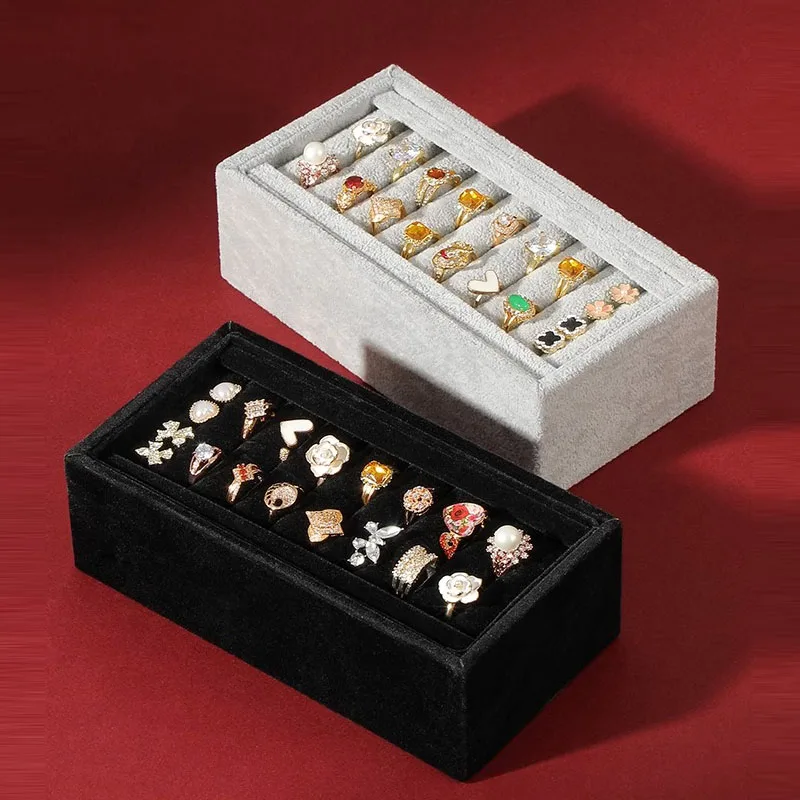 Velvet Stackable Jewelry Display Tray Grid Slot Design Pallet Portable Organizer Rings Earrings Rectangular Drawer Storage Plate