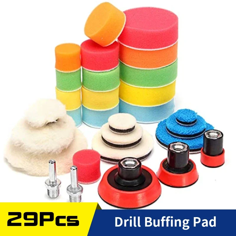 

29pcs Drill Buffing Pad Detail Polishing Pad Mix Size Kit with m14 Thread Backing pad Car Sanding, Waxing,Sealing Glaze