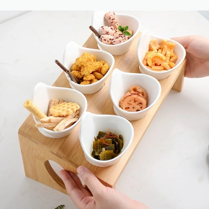 6 Grids Ceramic Snack Wooden Base Snack Tasting Plate Fruit Dessert Bowls Dim Sum Dish Dinner Plates Tableware