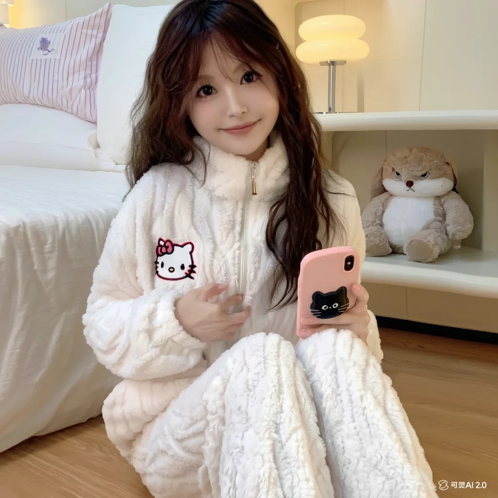 

Kawaii Coral Velvet Hello Kittys Pajamas Student Spring Autumn Set Long Sleeves Korean Version Round Collar Cartoon Leisure New