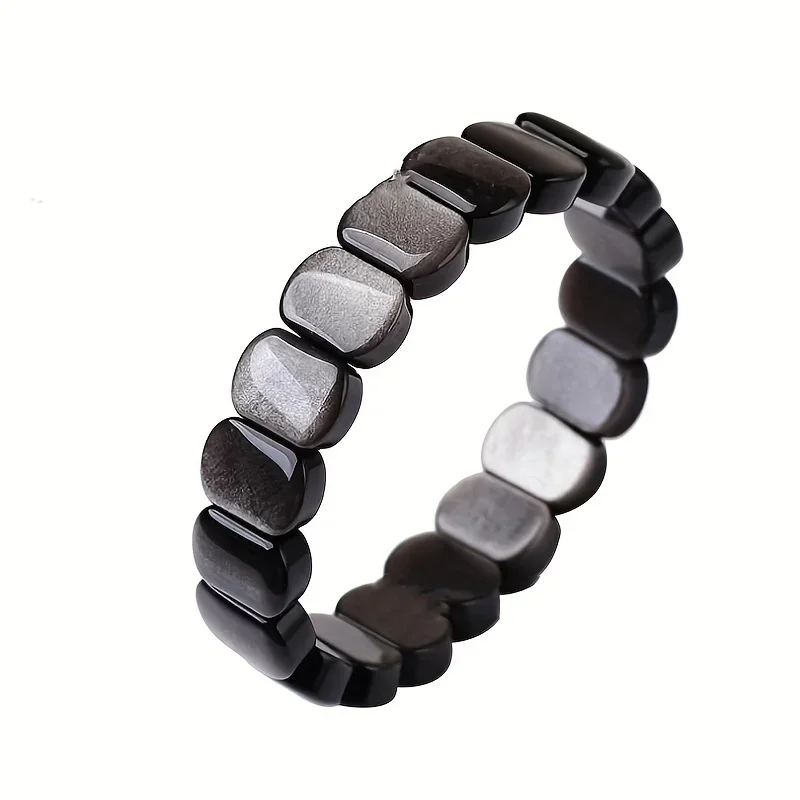 

Bohemian Style Bracelet, Natural Silvery Obsidian Handmade, Elegant Black Gemstone Stretch Jewelry, Unisex Accessory