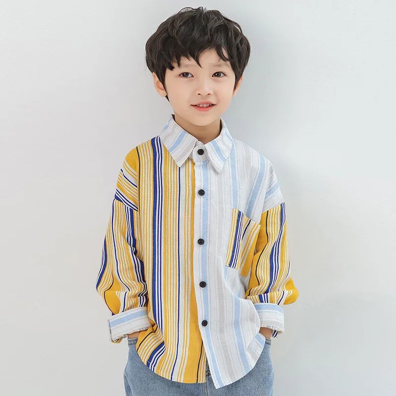 HoneyCherry New Spring and Autumn Long-Sleeve Yellow and Blue Shirts for Boys Striped Shirt Features Stylish Turned-down Collar