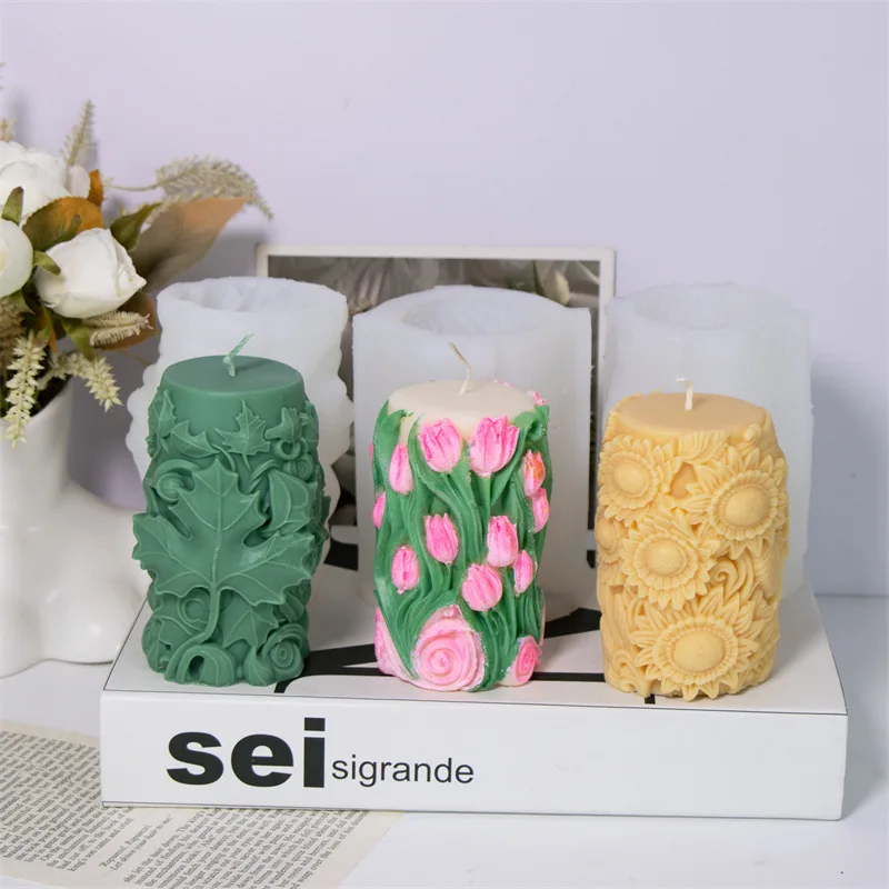 

Cylinder Silicone Mold with Tulip, Sunflower, Maple Leaf for DIY Candle, Plaster