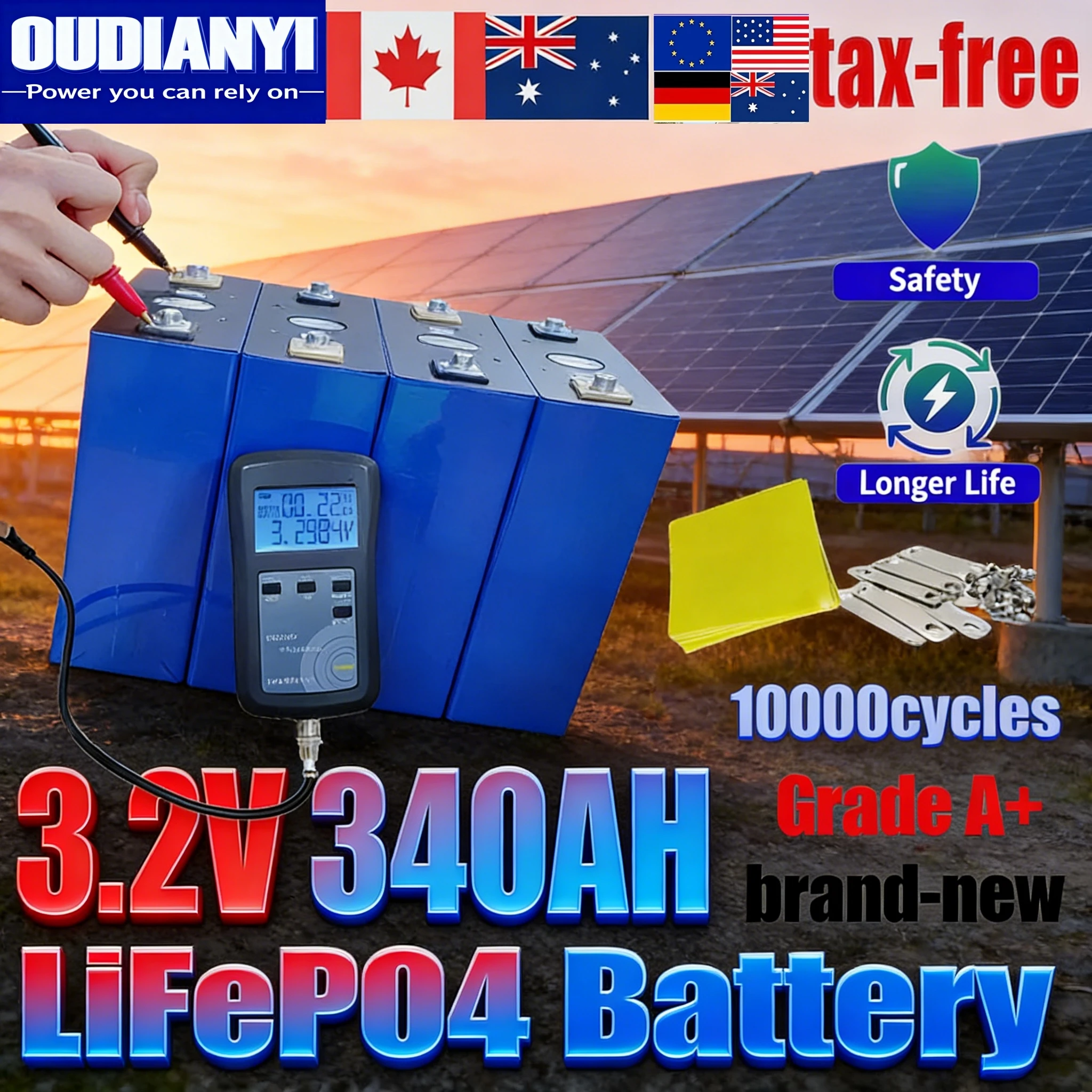 

340 Ач LiFePO4 Cell 3,2 В A-класса — 10000 циклов без налогов, аккумуляторная батарея DIY 12 В 24 В 48 В для солнечных электромобилей RV Golf Camping New