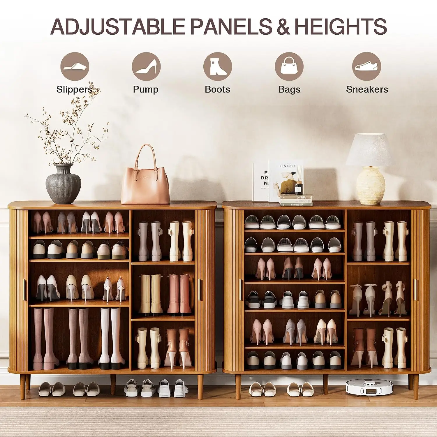 Shoe Cabinet with Sliding Door & Adjustable Shelves, 6-Tier Wood Organizer for Entryway & Living Room, 47