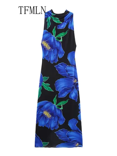 Imagen 2 del producto TFMLN elegante mujer estampado Halter vestido largo 2025 verano sin mangas ajustado espalda descubierta tul vestido de fiesta fino vestido casual de moda