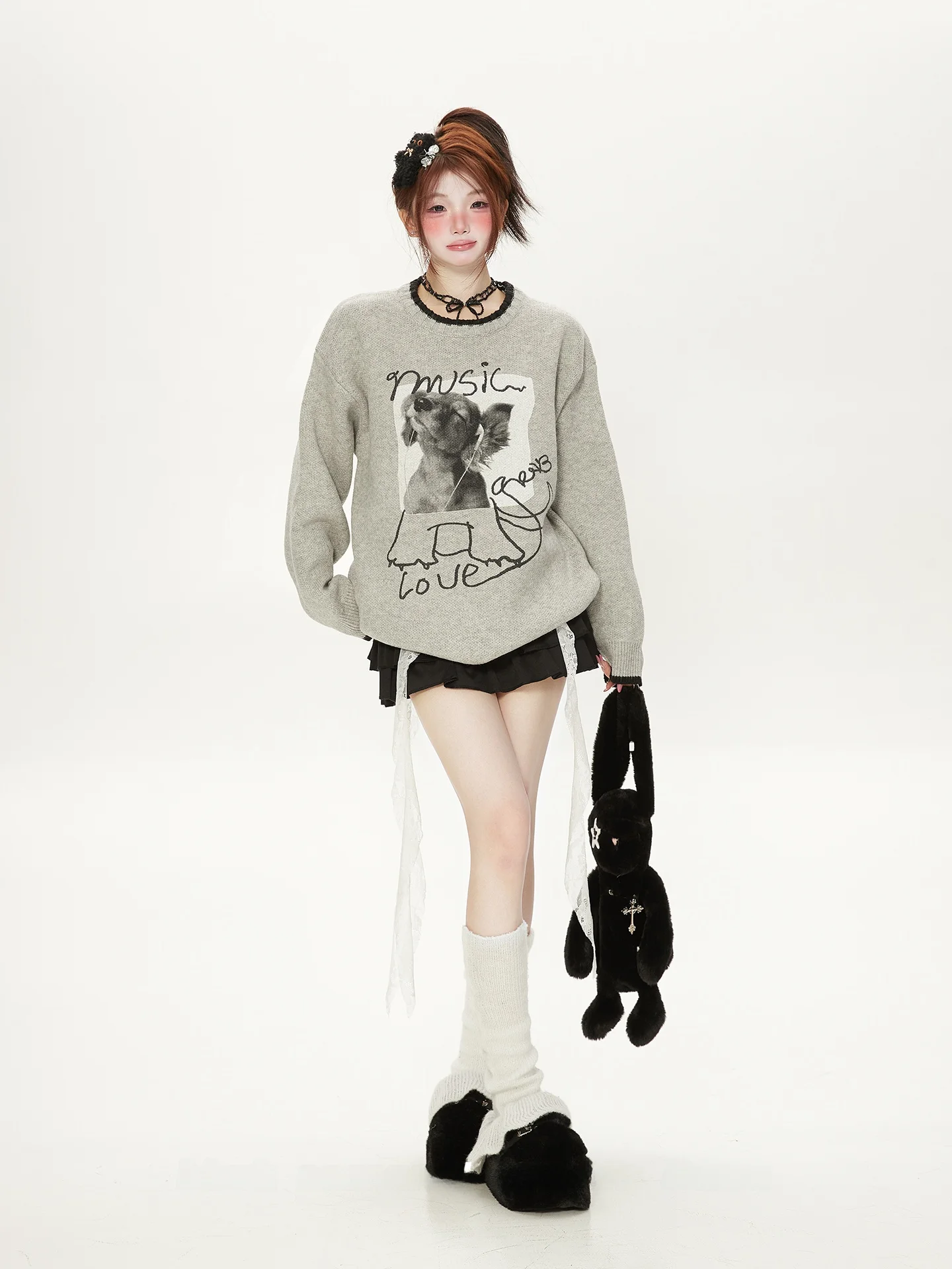 

Дизайн Sensation Interest Little Dog Print Lazy Sle круглый свитер Ne женский осенне-зимний новый вязаный свитер