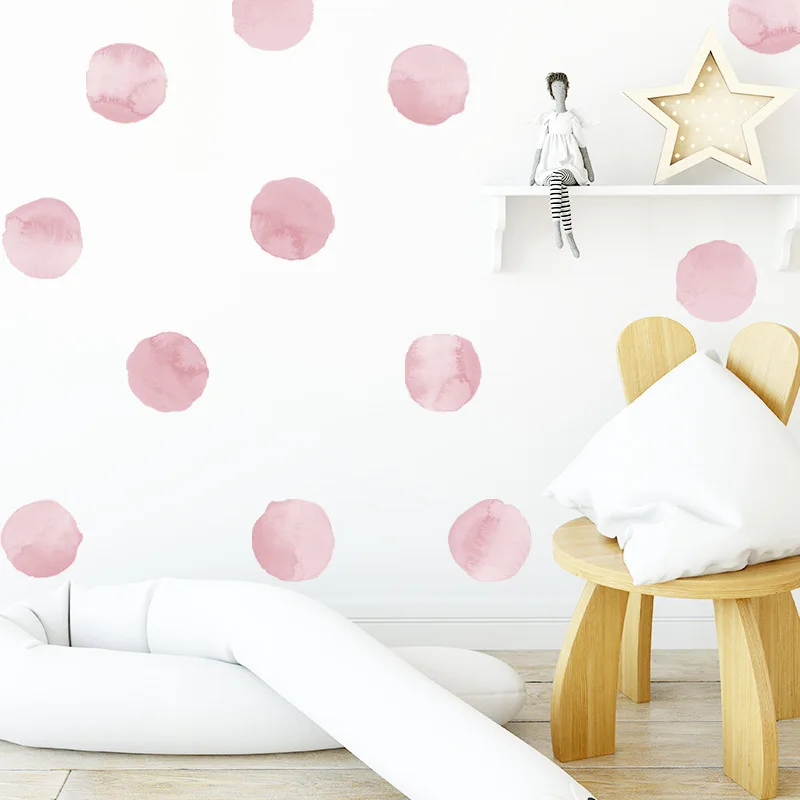 Pink Hand Draw Polka Dots Wall Stickers Watercolor Wall Decals for Kids Room Baby Nursey Home Decor Decoration Vinyl