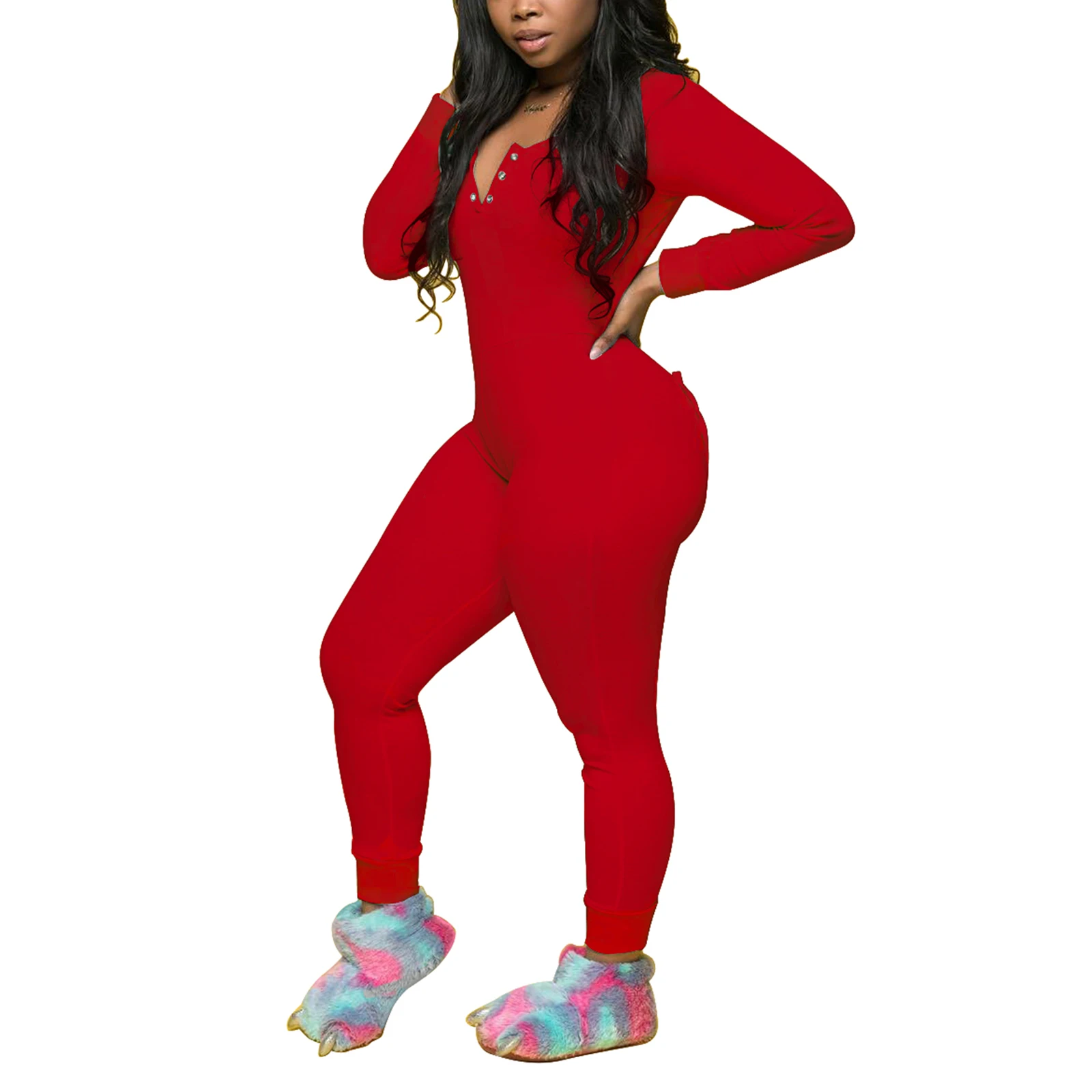 Women Sexy Bodycon Butt flap Pajamas Tight Jumpsuits Solid Color Long Sleeve V-neck Stretch Full Length Rompers Overall Clothing