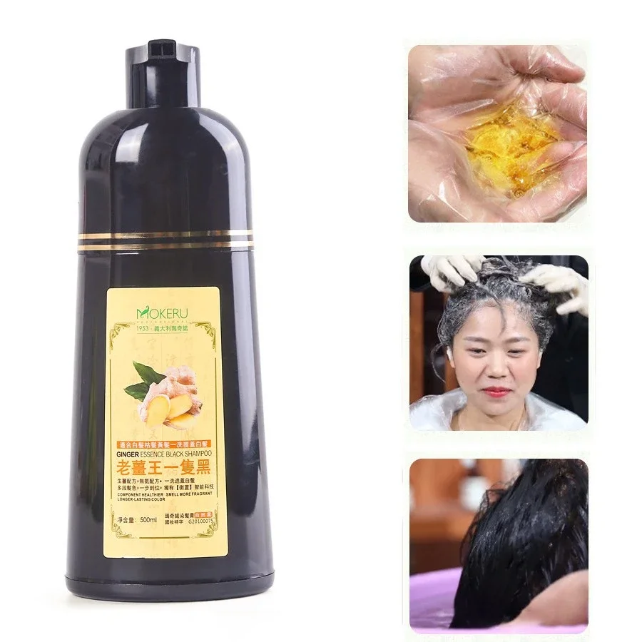 500ml Mokeru Long Lasting Natural Ginger Fast Dye Permanent Black Hair Dye Shampoo For Women Men Gray Hair Covering Removal