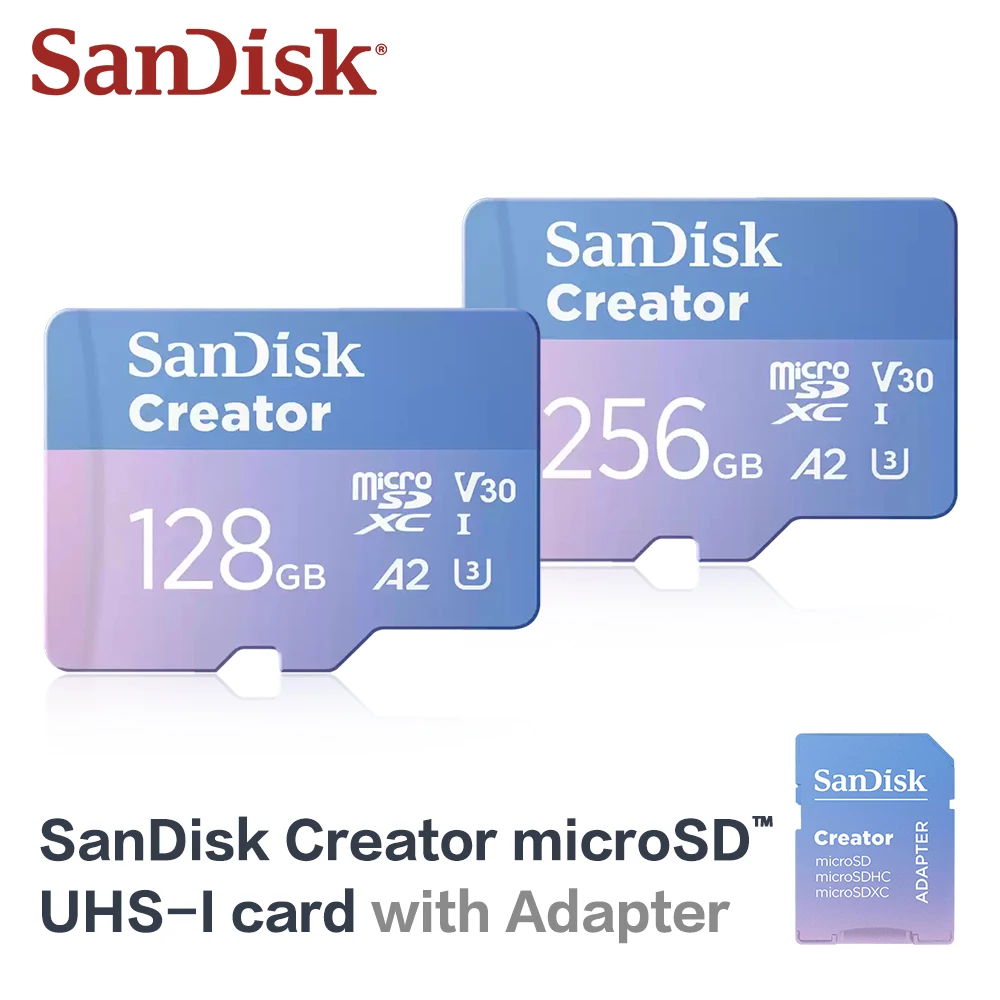 SanDisk Creator microSD UHS-I U3 V30 A2 TF Card 190MB/s 128GB 256GB 512GB 1TB with Adapter for Drone Camera Phone 4K Video
