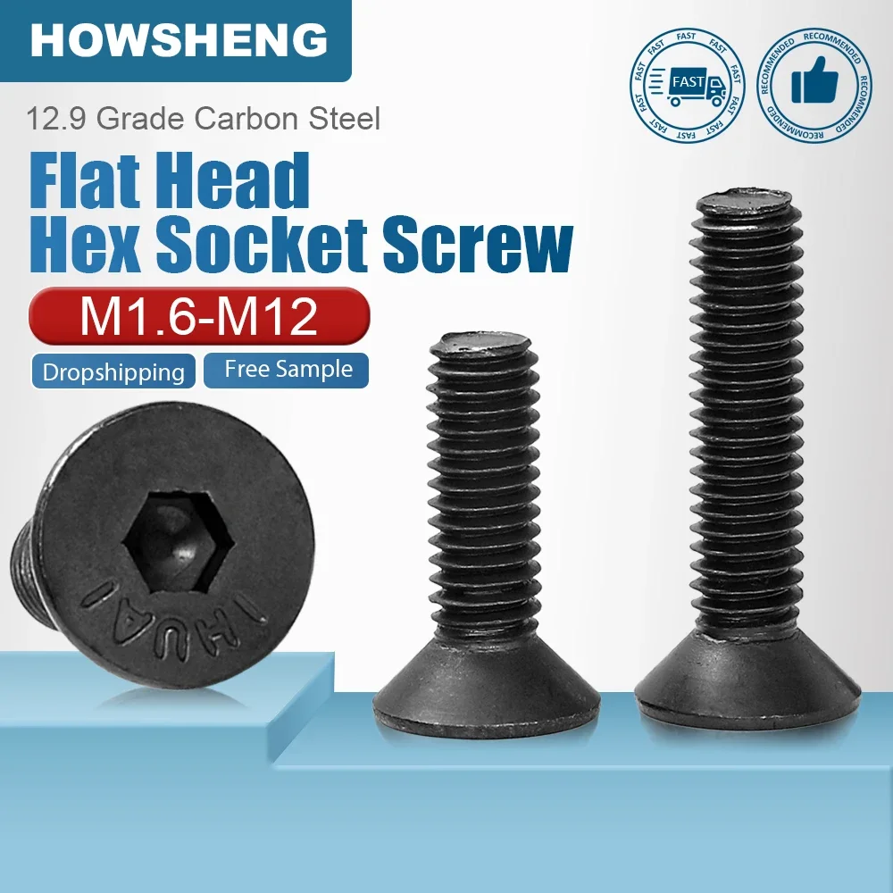 HOWSHENG 2-50pcs Hexagon Socket Flat Head Screw M1.6 M2 M2.5 M3 M4 M5 M6 M8 M10 M12 Carbon Steel Allen Bolts Machine Screw