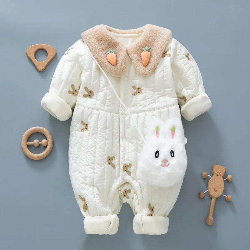 Baby Clothes Newborn Rompers 2024 Winter Cotton-padded Infant Girls Jumpsuit Toddler Embroidered Bunny Turn Down Collar Outwear