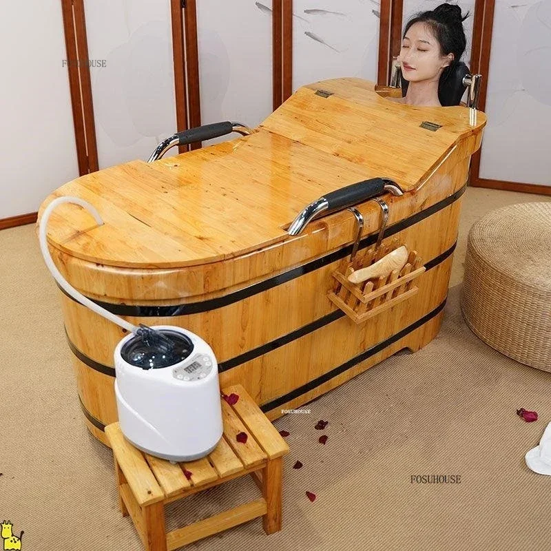 

Por Bathtubs Wooden Barrel Sweat Steaming with Cover Full Body Adult Bath Barrel Adult Home Beauty Salon Bath Tub