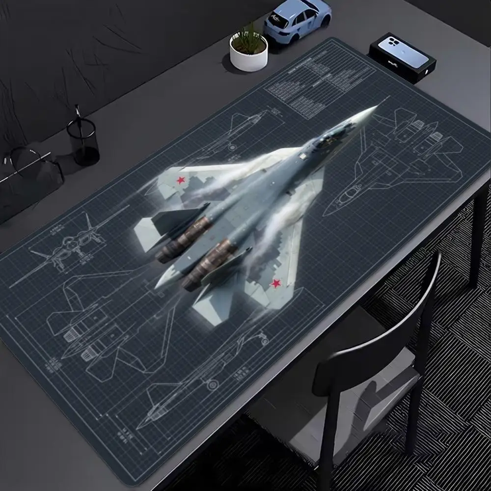 Large Non Slip Mat Su-57 Jet Fighter Blueprint Drawing Pattern XXL Gaming Mousepad For Laptop Office Work Keyboard Desk Surface