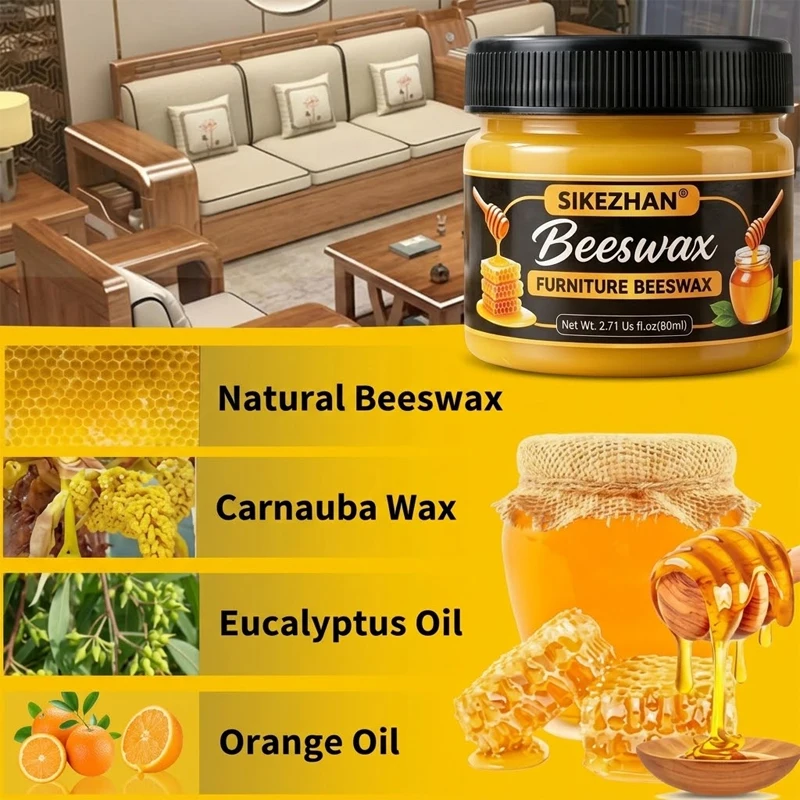 Wooden Furniture Beeswax Polish Seasoning Wax with Application Sponge Gloves for Cabinets Floors Tables Restorer 80ml - SIKEZHAN