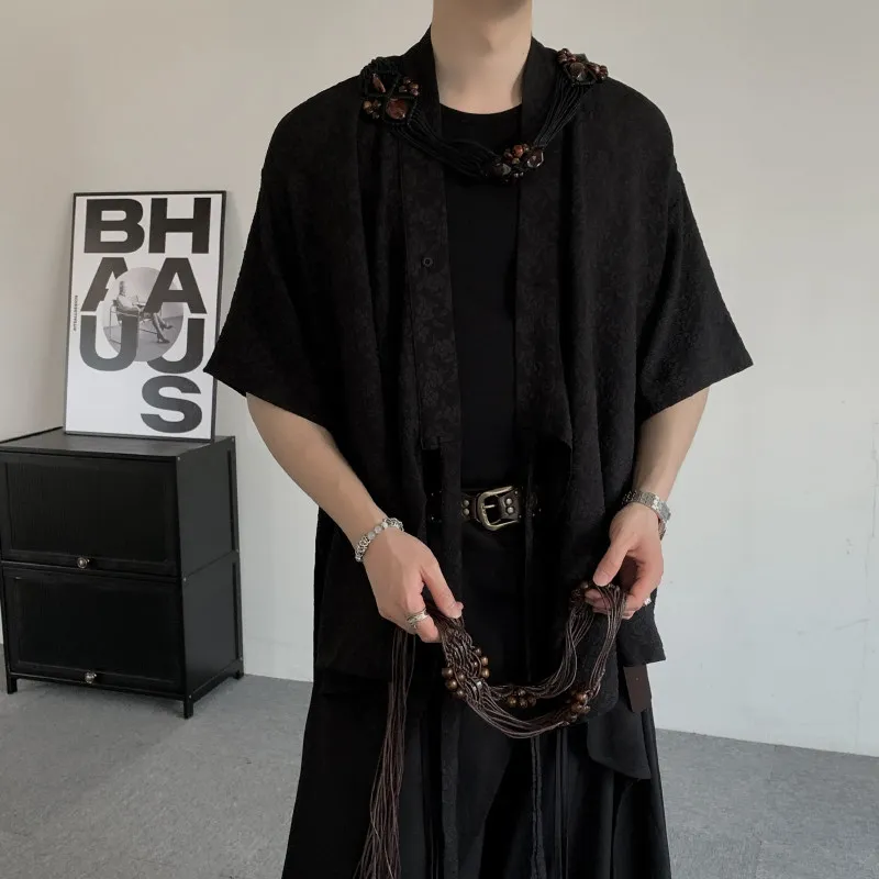 

Summer New Loose Men's Floral irt ort Sve Trendy Brand Silk Sa Chinese Sle Dao Pao Top Polyester Fiber 00%