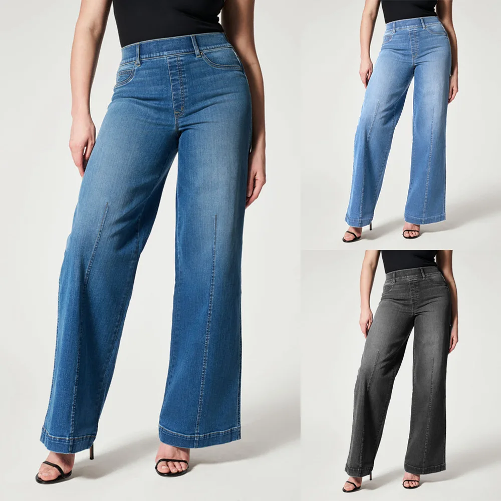 

High Elastic Waist Wideleg Jeans High Waist Stretchy Waist Denim Pants Straight Leg Long Trousers Blue Denim Resistant to Wear
