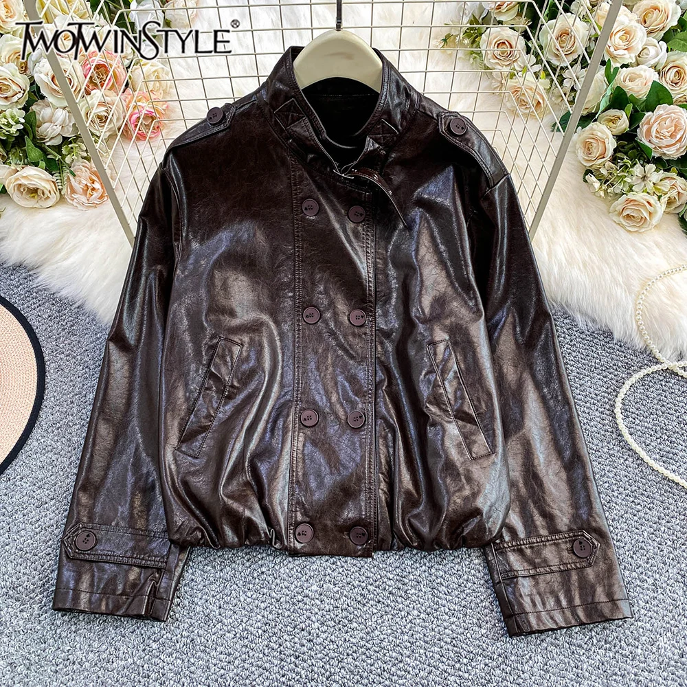 

TWOTWINSTYLE Casual Loose Leather Jackets For Women Round Neck Long Sleeve Spliced Button Design Sense Jacket Female KJA553032