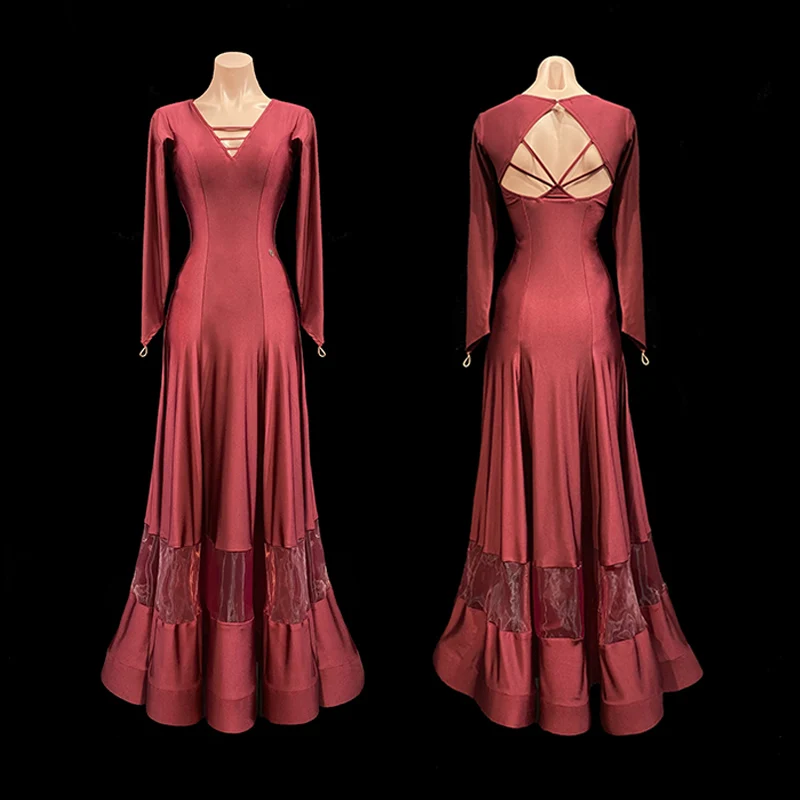 

Red Ballroom Dance Dress Long Sleeve Competition Dress Sexy Backless Prom Waltz Dancing Clothes Tango Performance Costume YS4874