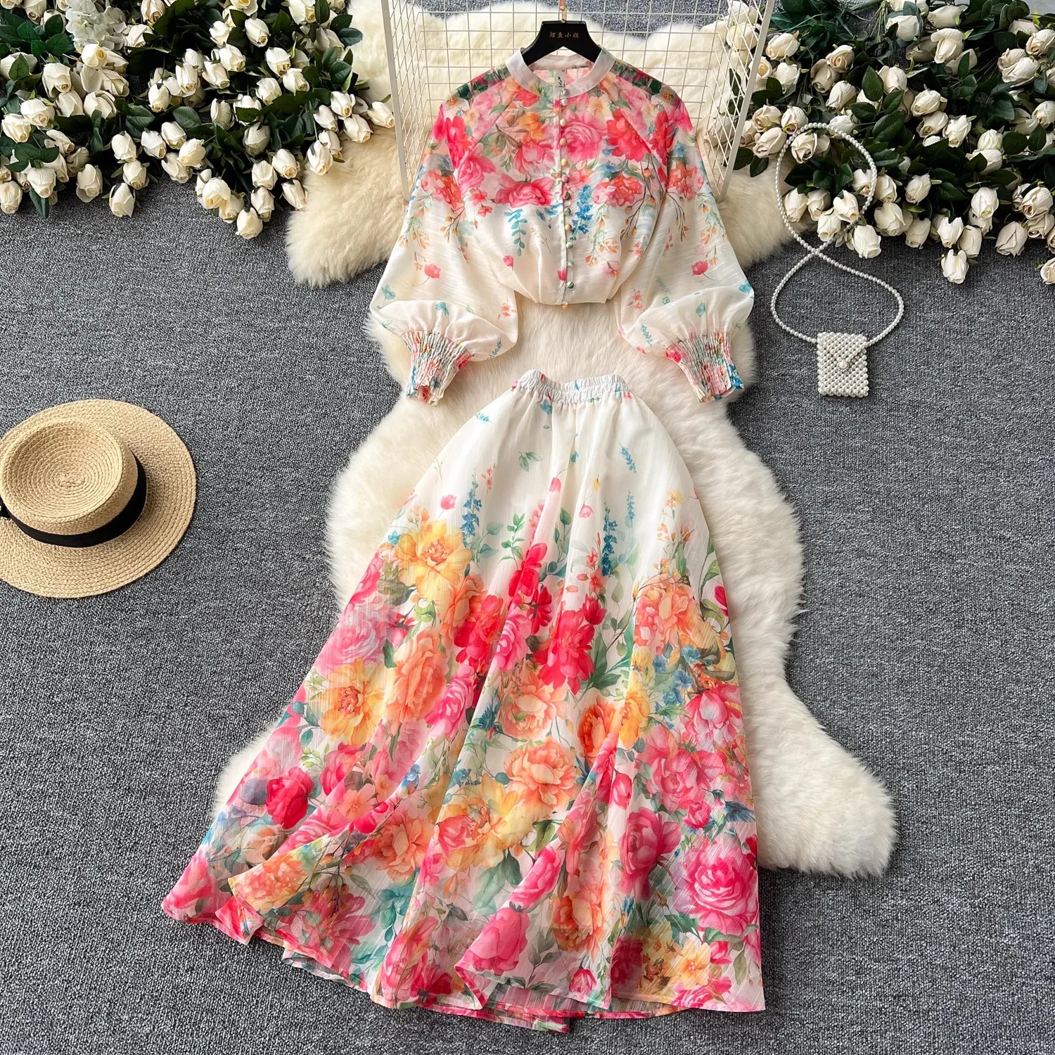 

Runway Skirt Set 2 Piece Outfit Women Stand Lantern Sleeve Floral Print Blouse Tops + A-Line Maxi Skirt Suit Holiday Beach Wear