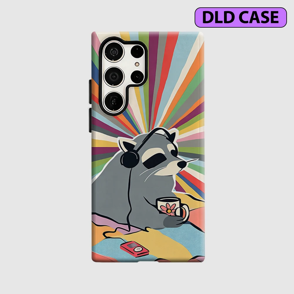 Retro Rainbow Raccoon Phone Case for Samsung Galaxy S26 S25 Ultra S24 S23 Ultra Plus Shockproof Double Layer Tough Back Cover