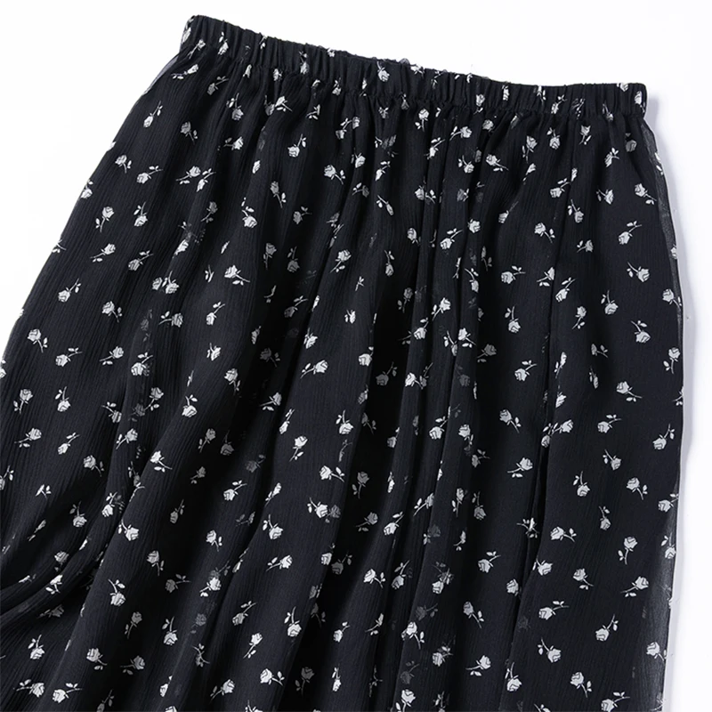 100% Mulberry Silk Women Silk Skirt Black with White Rose Printed Long Type Skirt With Lining Summer Beach Fashion Big Hem M1419