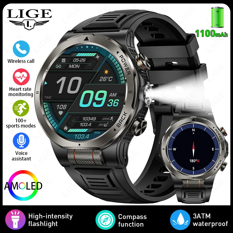 LIGE 2026 New Smartwatch For Men AMOLED Screen Heart Rate Monitor Compass 3ATM Waterproof Wireless Call Flashlight Smart Watches