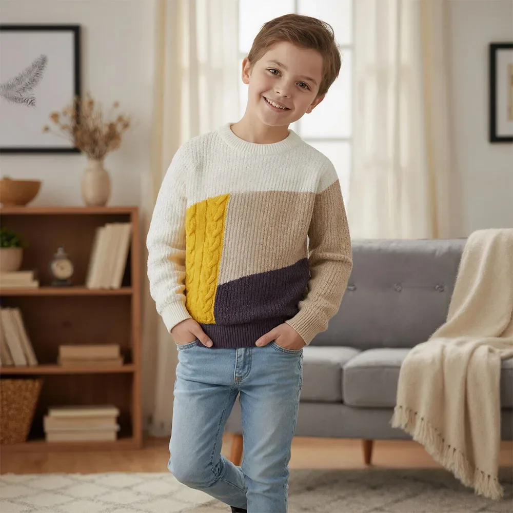 

Kids Colorblock Pullover Sweaters Autumn Winter Warm Knit Crew Neck Thermal Fleece Lined Toddler Boys Girls Cute School Outfit