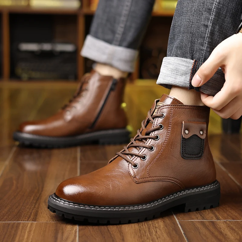 Men's Winter New High Top Fleece Lined Work Boots Non Slip Thick Sole Side Zipper Warm Short Snow Boots