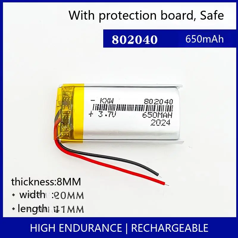 

802040 650 мАч 3,7 В перезаряжаемая литий-полимерная батарея GPS-трекер BT-гарнитура MP3 DIY