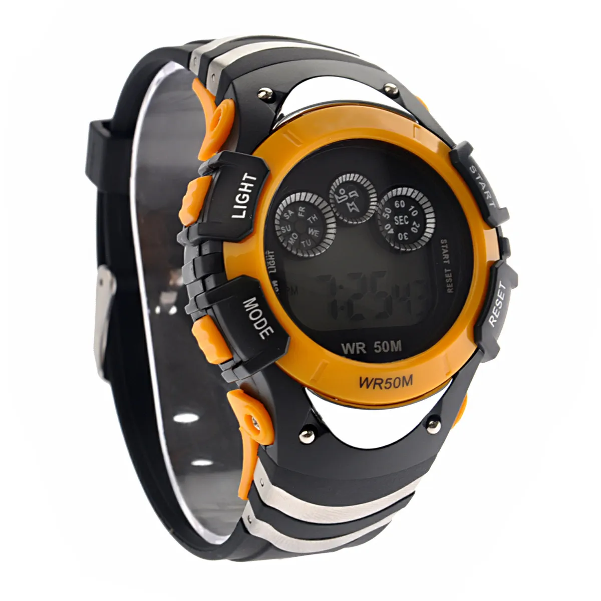Alike A5106 Yellow LED Digital Wrist Watch 50M Waterproof Stainless Steel Back Case Adjustable Band Month Date Week Time Alarm