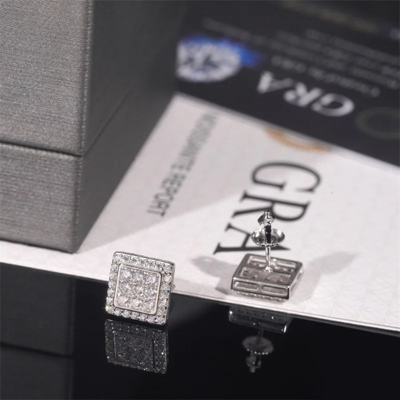 925 Silver 10.2mm D Color Moissanite Square Stud Earrings Screwback Women Men Hiphop Iced Diamond Princess Earrings Pass Tester