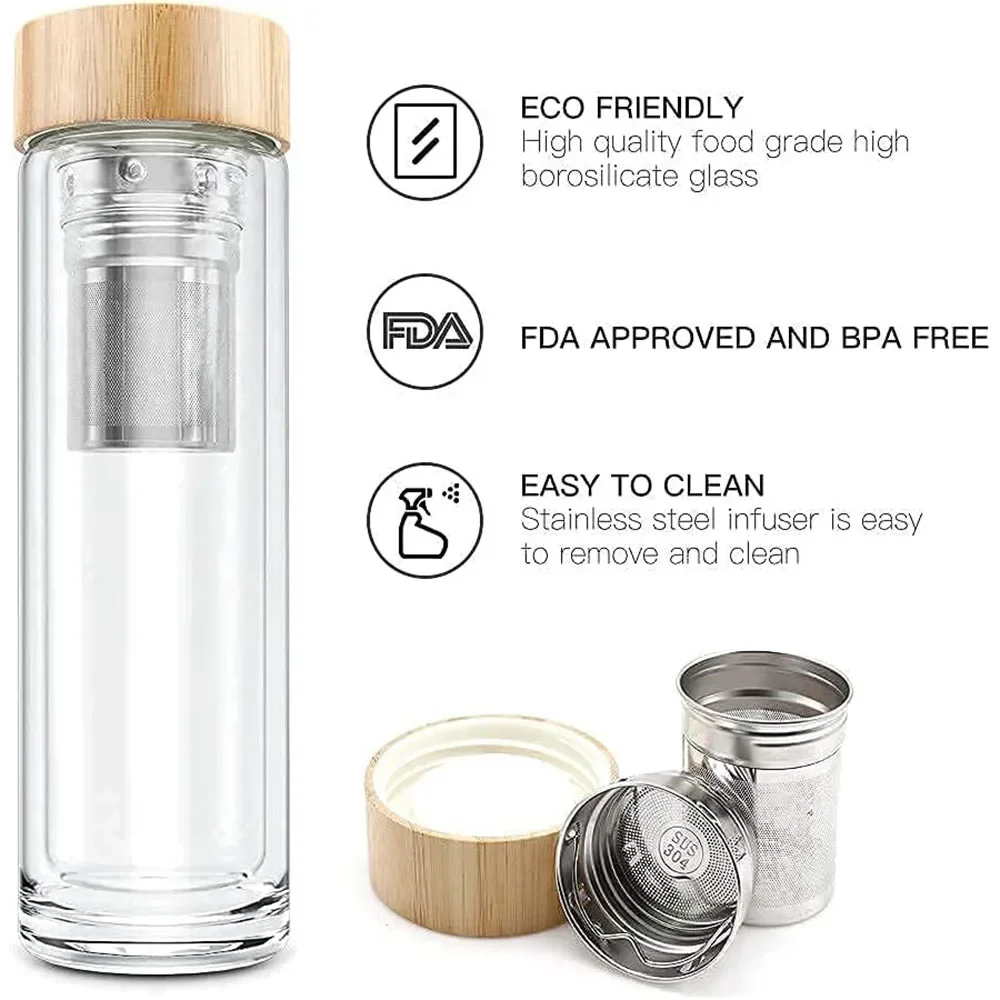 Tea Infuser Bottle Double Wall Glass Water Bottle Borosilicate Glass Travel Tumbler with Bamboo Lid Portable Travel Mug