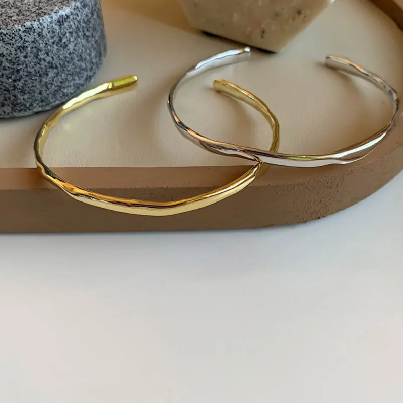 PANJBJ 925 Sterling Silver Irregular Geometry Texture Bangle Bracelet for Women Girl Minimalism Jewelry Gift Dropshipping view 2