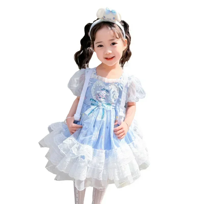 Anime Sanrio Girls Lolita Princess Dress, Vestido formal, Cute Cartoon Cinnamoroll, Vestido de verão, Sling Mesh Tutu Skirt, Roupas infantis