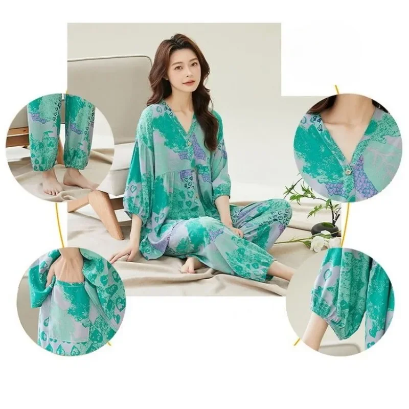 Korean Version Two-piece Set Cotton and Silk Air-conditioning Clothes Women's  Loungewear Set Comfortable Breathable Large-size