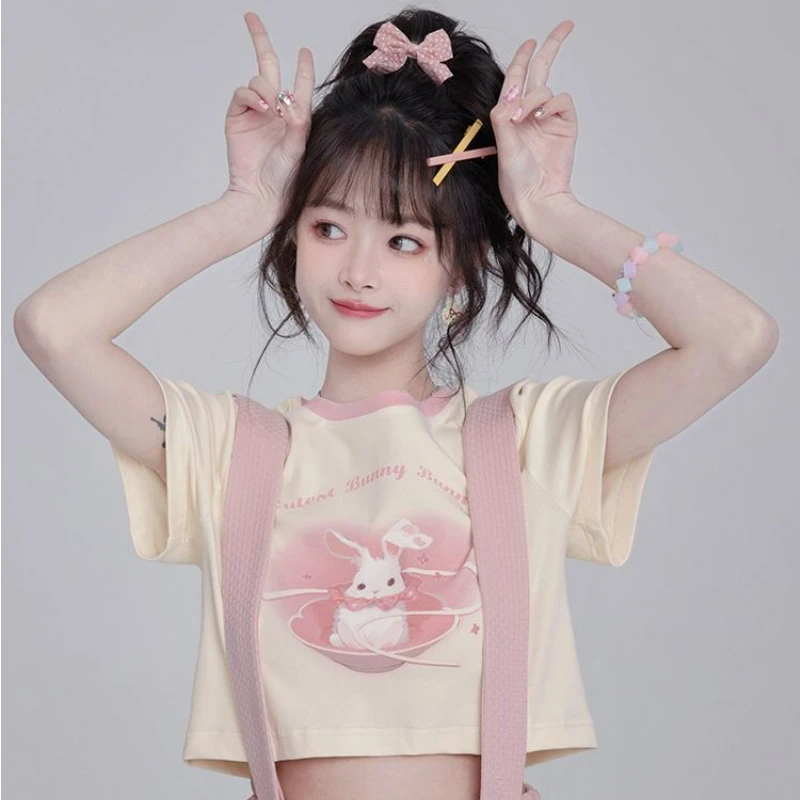 Japanese Sweet Lolita T-Shirts Women Kawaii O Neck Drawstring Design Short Sleeve Crop Tops Girls Y2k Aesthetic Bunny Print Tees