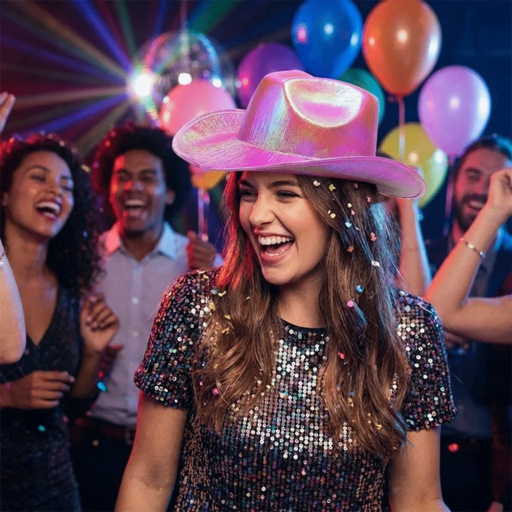 Glamorous Neon Western Hat Glitter Finish Comfortable Fit Glitter Cowgirl Hat Pearlescent Shine All-match Western Cowboy Hat