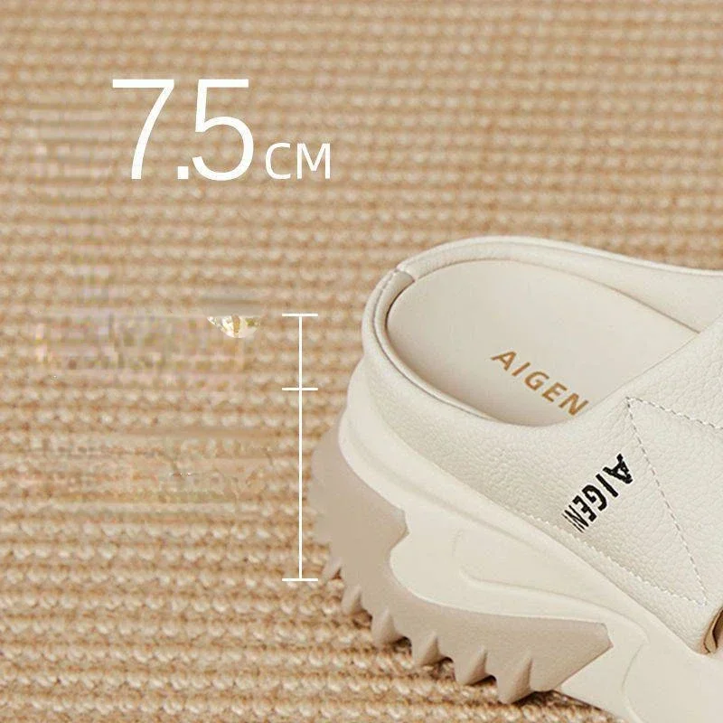 Soft Leather Slippers Women  New Indoor Outdoor Thick Sole Fashion Slippers Anti Slip Trend Flat Shoes Wear-resistant Mules