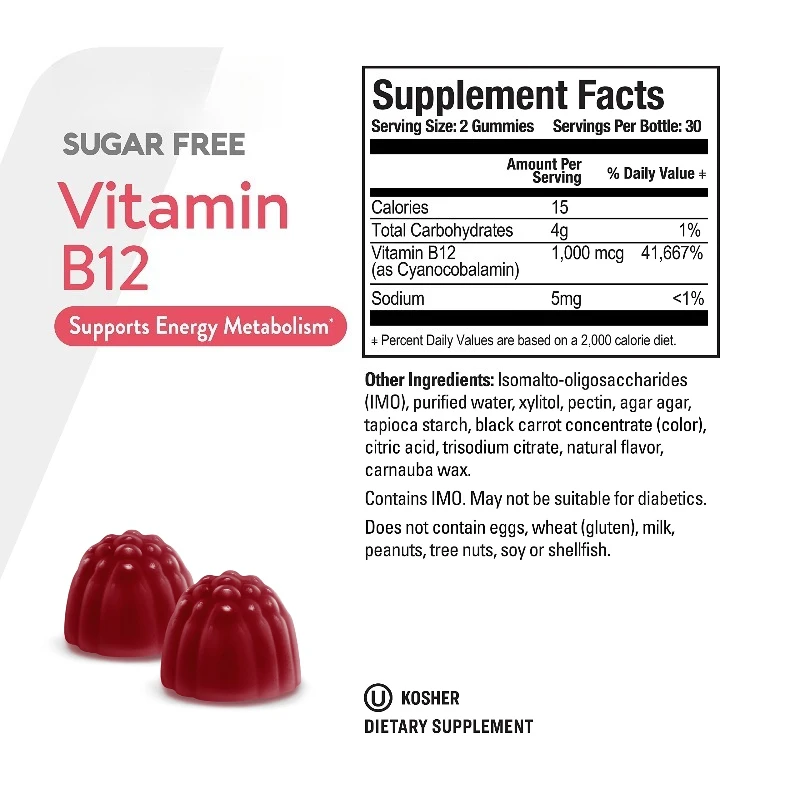 男性と女性のためのビタミンB12グミ、ビタミンB6、D3、鉄、葉酸を配合、大人向け、エネルギーと代謝をサポート