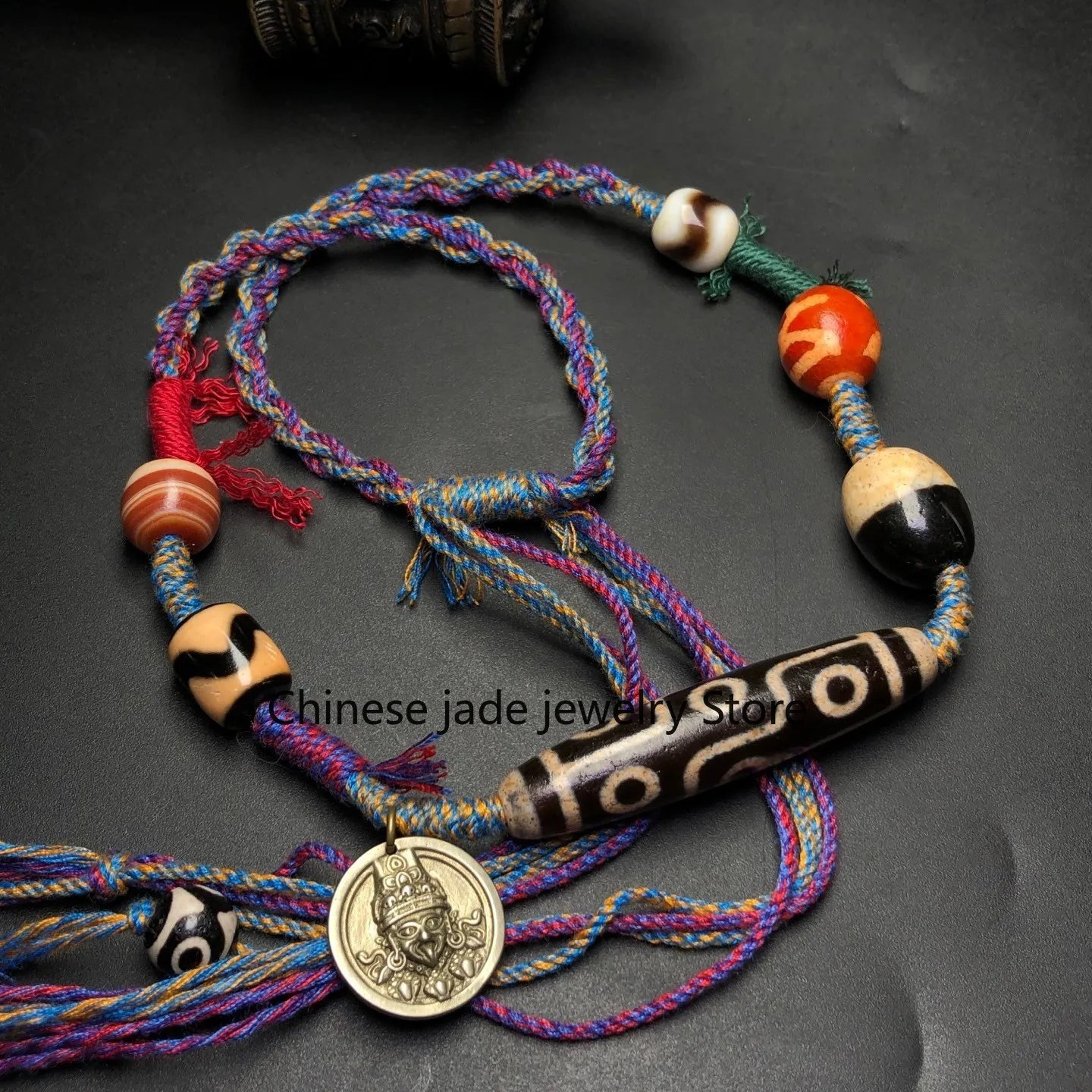 Unique Tibetan Old Agate Dzi Multiple patterns 9 Eyes Beads Necklace M0325