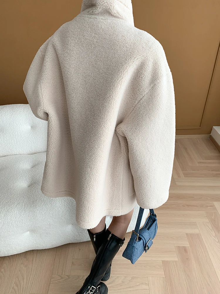 LANMREM Casual Lamb Woolen Coat For Women Stand Collar Single Breasted Pockets Design Loose Coats 2024 Winter New 2Z3051