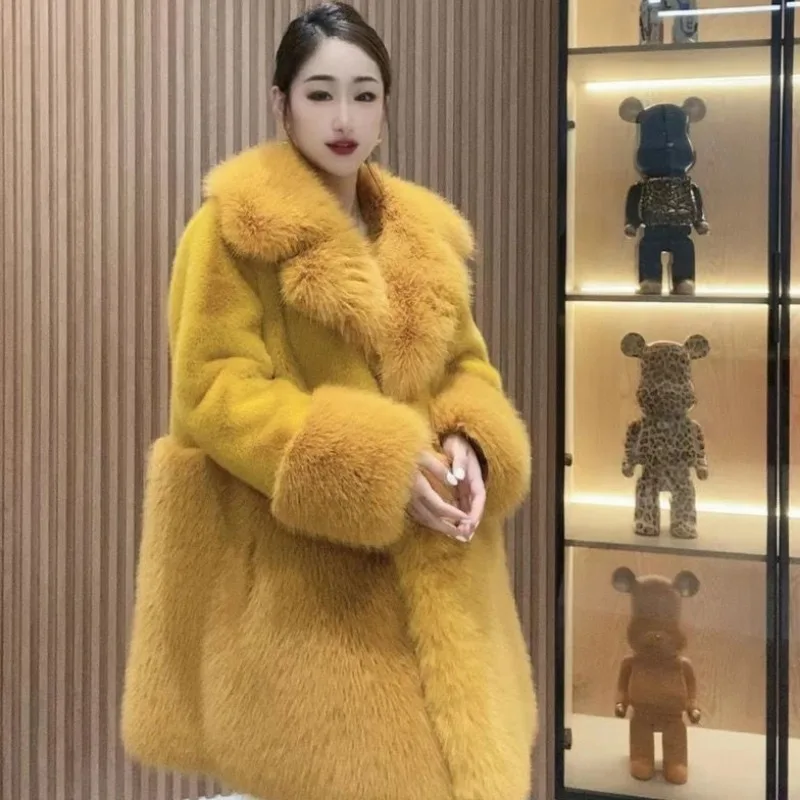 2023 Winter New Long SleeveFashion Faux Fur Coat Women  Double Face Wool Leather Heavy Embroidery Sequins Casual Elegant Jacket