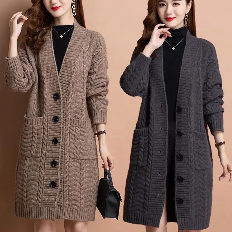 New Autumn V-neck Long Cardigan Sweater Jacket Women Knitwear Ladies Long Sleeve Casual Loose Sweater Coat Female Tops