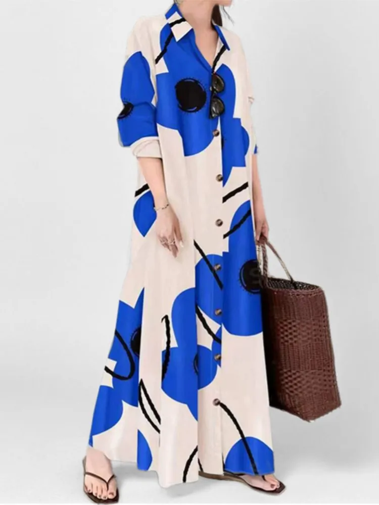 Fashion Printed Long Dress New Women's Spring Summer Casual Loose Long Sleeved Single Breasted Shirt Big Swing A-line Dress