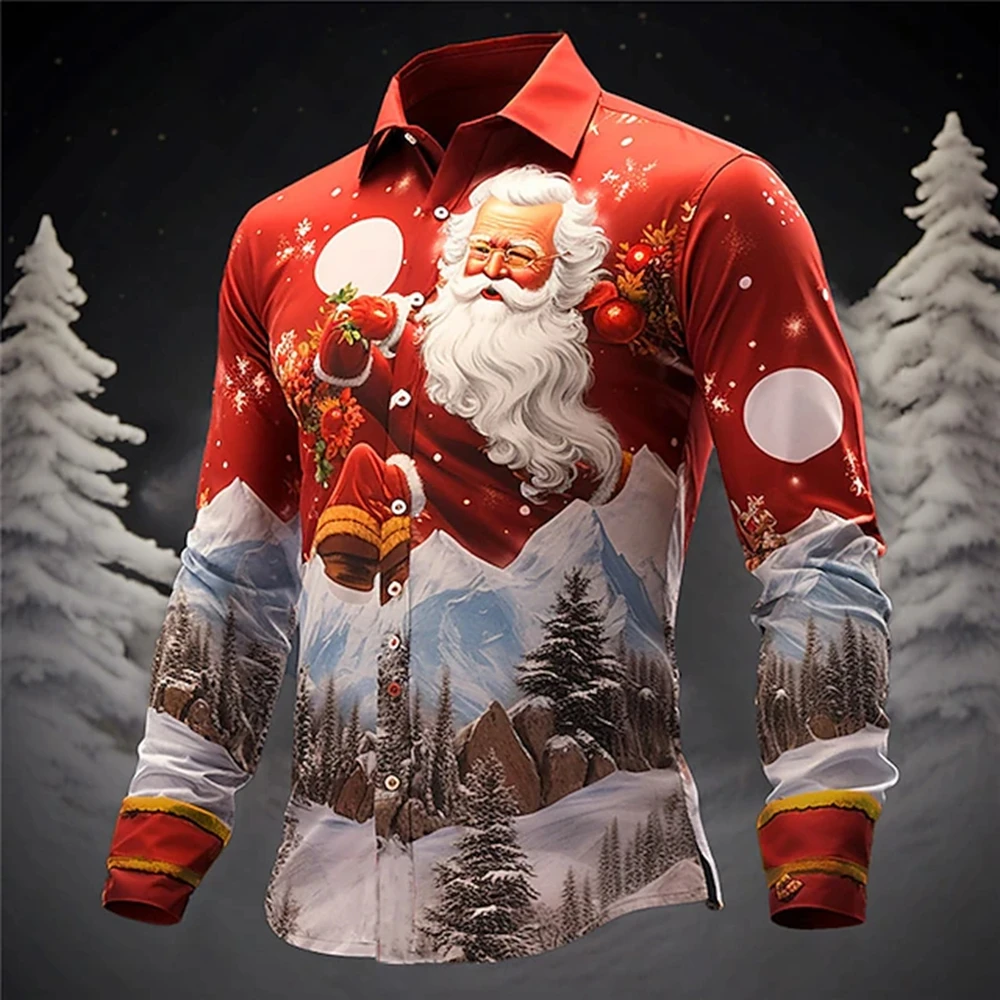 Santa Claus Printing Casual Men\'s Shirt Fashion Outdoor Street Winter Turndown Long Sleeve Red Christmas Elastic Force Shirt