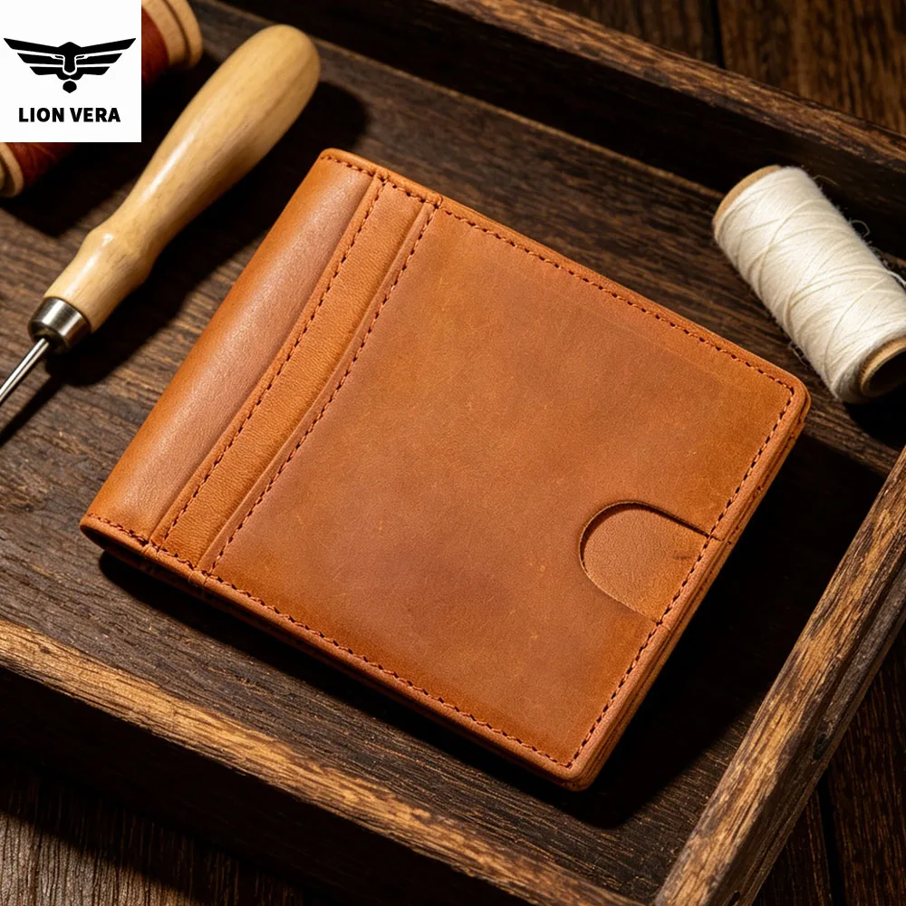LION VERA Men's Genuine Leather Wallet Retro Multi-Card Slot Large Capacity Zipper Coin Purse Business RFID Wallet