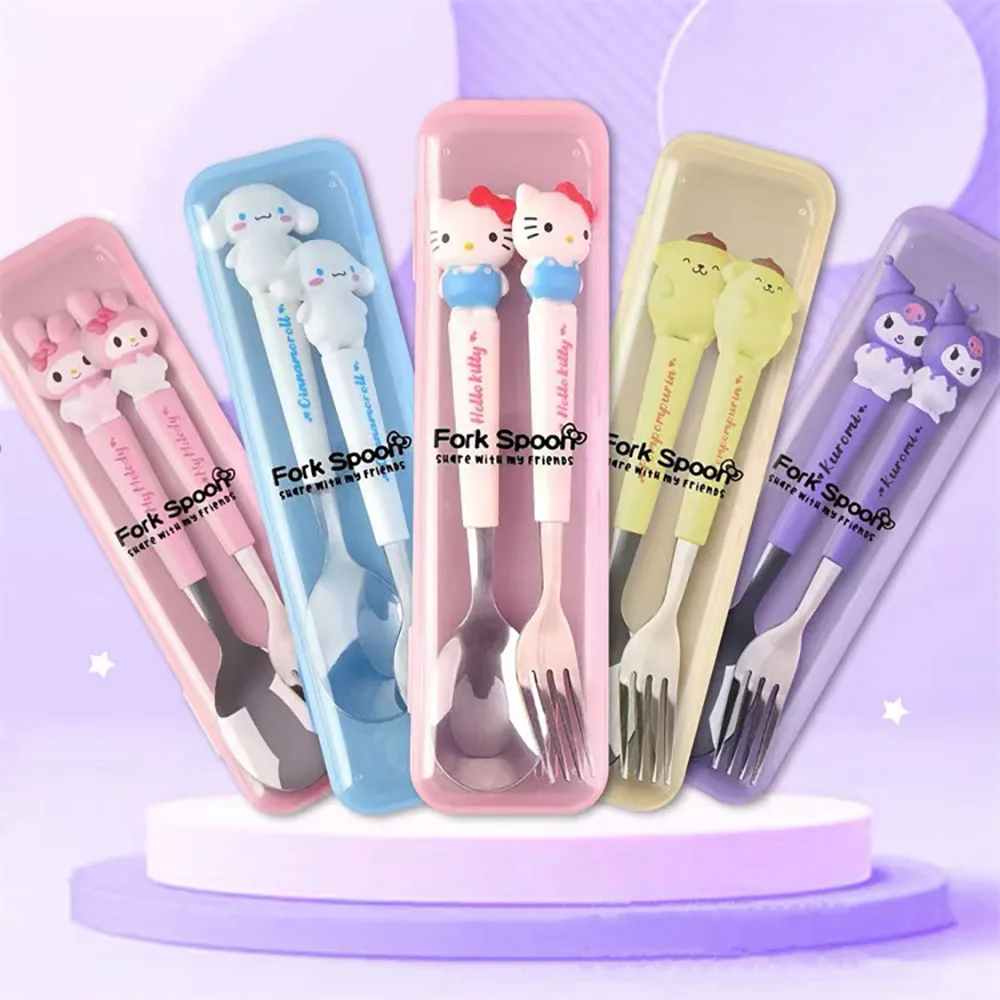 anrio Hellokitty Kuromi Mymelody Cinnamoroll Kawaii Travel Cutlery Set Cute Fork Spoon Student Dinnerware Sets Kitchen Tableware