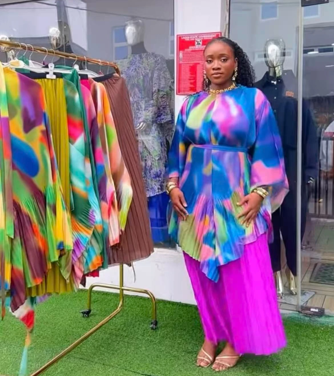 

Miyake Pleated Loose Bat Sleeve Printed Crew Neck Set Irregular Lace-up Women's Two-piece Set Women Clothing 2025 Autumn New